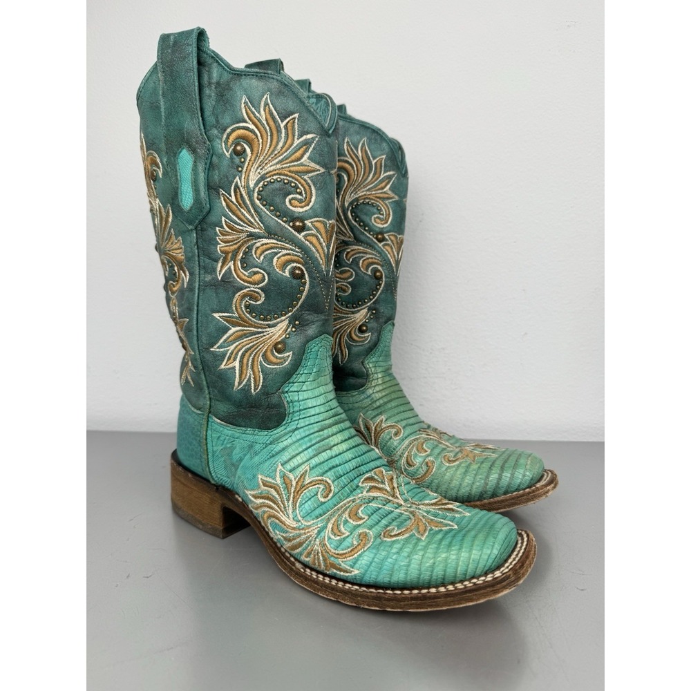 Corral Turquoise Lizard Skin Leather Cowboy Boots Womens 7.5 M Inlay Square Toe